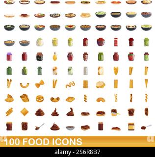100 Symbole für Lebensmittel eingestellt. Zeichentrickillustration von 100 Lebensmittelsymbolen Vektor-Set isoliert auf weißem Hintergrund. 100 Ikonen im Cartoon-Stil Stock Vektor