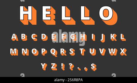 3D-Schriftart. Volumenalphabet, Retro-Buchstaben und Schilder. Hallo, dekorative Schriftvektor-Illustration. ABC-Schrift, alphabetische Typografie. 3D-Schriftart. Volumenalphabet, Retro-Buchstaben und Schilder. Hallo, dekorative Schriftvektor-Illustration Stock Vektor