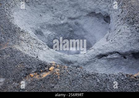 Kochender grauer Schlammtopf in Hverir, Teil des Geothermalgebietes Myvatn im Nordosten Islands, Nahaufnahme. Stockfoto