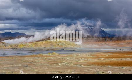 Vulkanische Landschaft von Hverir, Myvatn geothermisches Gebiet in Island, mit Dampfauslässen, gerissenem orangenem Boden und Fumarolen, dramatisch bewölktem Himmel. Stockfoto