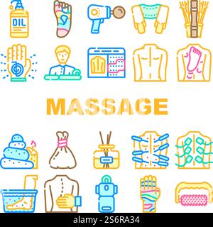 Massagezubehör Und Behandlungssymbole Set Vektor. Shiatsu Massage Physiotherapie Und Akupunktur, Wasser Und Stein Für Massage, Masseur Business Und Beruf Line. Farbige Abbildungen. Massagezubehör Und Behandlungssymbole Set Vektor Stock Vektor