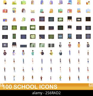 100 Schulsymbole. Zeichentrickillustration von 100 Schulsymbolen Vektor-Set isoliert auf weißem Hintergrund. 100 Schulsymbole im Zeichentrickstil Stock Vektor