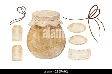 Wasserfarbenbehälter mit Etikett und Etikett. Honigtopf. Handgezeichnete Abbildung. Elemente, die vom Hintergrund für Designvorlage, Logo, Aufkleber, Website isoliert wurden Stockfoto