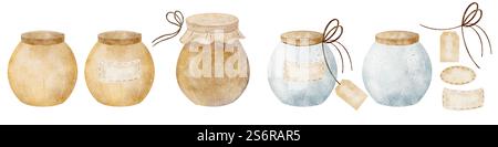 Aquarellglas, Honigtopf und Etikett. Handgezeichnete Abbildung. Elemente, die vom Hintergrund isoliert sind für Designmenü, Karte, Vorlage, Geschirr, Logo Stockfoto
