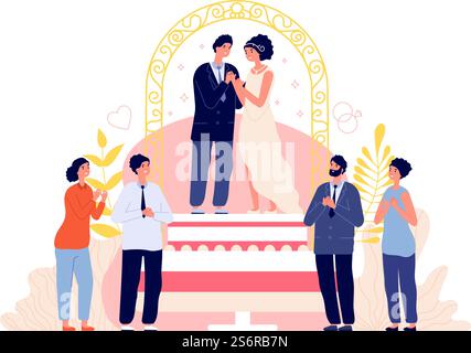 Hochzeitszeremonie. Ein Paar feiert die Hochzeit, eine romantische Party für die Bräutigam-Braut. Leute feiern mit Freunden, flache Braut-Ätzer-Vektor-Konzept. Illustration romantische Menschen lieben, Braut und Bräutigam. Hochzeitszeremonie. Ein Paar feiert die Hochzeit, eine romantische Party für die Bräutigam-Braut. Leute feiern mit Freunden, flache Braut-Ätzer-Vektor-Konzept Stock Vektor