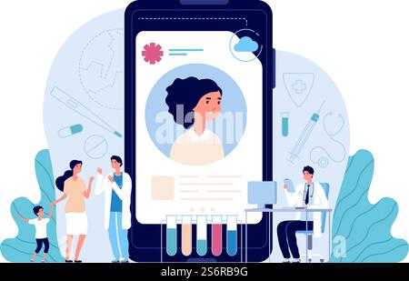 Elektronische Gesundheitsfürsorge. Patientengesundheitsakte, Arzt hilft Menschen. EHR, computermedizinisches persönliches Profil oder Rezeptutter-Vektorkonzept. Illustration elektronische Service Diagnose Gesundheitswesen. Elektronische Gesundheitsfürsorge. Patientengesundheitsakte, Arzt hilft Menschen. EHR, computermedizinisches persönliches Profil oder Rezeptutter-Vektorkonzept Stock Vektor