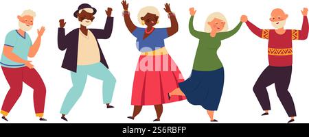 Tanzende Senioren. Seniorenparty, Senioren tanzen Spaß. Alte Freunde, isolierte glückliche aktive Großeltern, verschiedene Tänzer, anständiges Vektorset. Illustration Menschen Gruppe reif zusammen tanzen. Tanzende Senioren. Seniorenparty, Senioren tanzen Spaß. Alte Freunde, isolierte glückliche aktive Großeltern, verschiedene Tänzer, anständiges Vektorset Stock Vektor