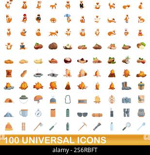 100 universelle Symbole. Zeichentrickillustration von 100 universellen Symbolen Vektor-Satz isoliert auf weißem Hintergrund. 100 universelle Symbole im Cartoon-Stil Stock Vektor