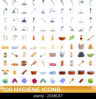 100 Hygienesymbole. Zeichentrickillustration von 100 Hygiene-Icons Vektor-Set isoliert auf weißem Hintergrund. 100 Hygiene-Icons Set, Cartoon-Stil Stock Vektor
