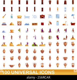 100 universelle Symbole. Zeichentrickillustration von 100 universellen Symbolen Vektor-Satz isoliert auf weißem Hintergrund. 100 universelle Symbole im Cartoon-Stil Stock Vektor