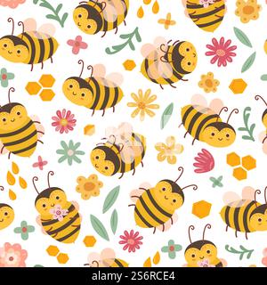 Niedliches Bienenmuster. Bienen und Blumen, fliegende Insekten. Kunsttextildruck, entzückende Frühling Sommer florale exakte Vektor nahtlose Textur. Bieneninsektenmuster, Illustrations-Cartoon-Design. Niedliches Bienenmuster. Bienen und Blumen, fliegende Insekten. Kunsttextildruck, entzückende Frühling Sommer florale exakte Vektor nahtlose Textur Stock Vektor