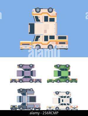 Papier-Bastelwagen. Fahrzeugvorlage aus Leim und Pappe Vorschulkindbesetzung grelle Vektormodelle. Illustration Auto-Bastelmodell, Bildung Vorschulausschnitt. Papier-Bastelwagen. Fahrzeugvorlage aus Leim und Pappe Vorschulkindbesetzung grelle Vektormodelle Stock Vektor