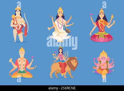 Indischer Gott. Ganesha vishnu lakshmi und saraswati Charaktere Vektor Fantasy Maskottchen. Illustration indien Göttin, indische Kulturfiguren. Indischer Gott. Ganesha vishnu lakshmi und saraswati Charaktere Vektor Fantasy Maskottchen Stock Vektor