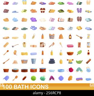 100 Badsymbole eingestellt. Cartoon-Illustration von 100 Badsymbolen Vektor-Set isoliert auf weißem Hintergrund. 100 Badsymbole im Zeichentrickstil Stock Vektor