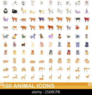 100 Tiersymbole gesetzt. Zeichentrickillustration von 100 Tiersymbolen Vektorsatz isoliert auf weißem Hintergrund. 100 Tiersymbole im Cartoon-Stil Stock Vektor