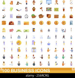 100 Symbole für Unternehmen. Zeichentrickillustration von 100 Business Icons Vektor auf weißem Hintergrund isoliert gesetzt. 100 Business-Ikonen im Cartoon-Stil Stock Vektor