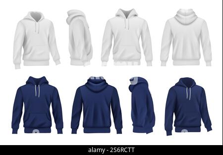 Hoodie-Kollektion. Schwarz-weiße Sportkleidung für Herren anständige Vektor realistische Mockup. Hoody Kleidung Mode, Sweatshirt Textil Illustration. Hoodie-Kollektion. Schwarz-weiße Sportkleidung für Herren anständige Vektor realistische Mockup Stock Vektor