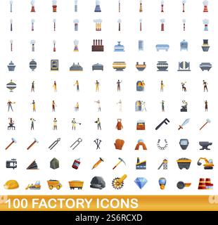 100 Werkssymbole eingestellt. Zeichentrickillustration von 100 Fabriksymbolen Vektor-Satz isoliert auf weißem Hintergrund. 100 Fabriksymbole im Zeichentrickstil Stock Vektor