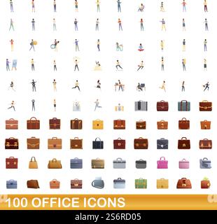 100 Bürosymbole. Cartoon-Illustration von 100 Büro-Icons Vektor-Set isoliert auf weißem Hintergrund. 100 Bürosymbole im Zeichentrickstil Stock Vektor