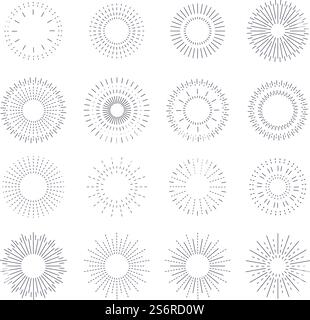 Line Vintage Sunburst. Kreisförmiger Solarstoß, strahlendes Rahmendesign. Grafische Strahlen flackern auf, explodieren Sterne oder Funken. Isoliertes Hipster-Sonnenauslöser-Vektorset. Radialer Sonnenstrahl, kreisförmiger Rahmen für Sonnenstrahlen. Line Vintage Sunburst. Kreisförmiger Solarstoß, strahlendes Rahmendesign. Grafische Strahlen flackern auf, explodieren Sterne oder Funken. Isoliertes Hipster-Sonnenauslöser-Vektorset Stock Vektor