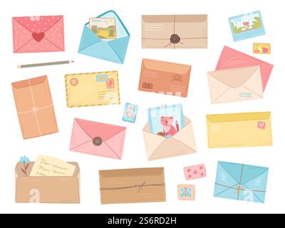 Cartoon-Umschläge. Flacher Umschlag, Stift oder Bleistift für Handbeschriftung. Papierbrief mit Zweigen, niedlichen Karten Post und Liebesbotschaft exakter Vektor-Satz. Illustration Umschlag Brief, Briefpost. Cartoon-Umschläge. Flacher Umschlag, Stift oder Bleistift für Handbeschriftung. Papierbrief mit Zweigen, niedliche Karten für Post und Liebesbotschaft exaktes Vektorset Stock Vektor