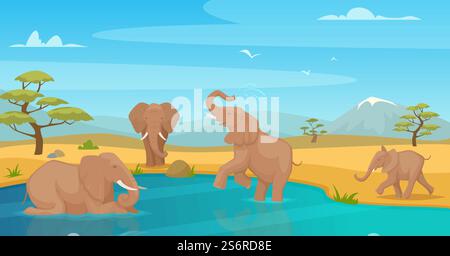 Elefanten trinken Wasser. Savanne wilde Tiere zu Fuß in kenia Safari Reise exakte Vektor Karikaturhintergrund. Familienelefanten in Safari afrika Illustration. Elefanten trinken Wasser. Savanne wilde Tiere zu Fuß in kenia Safari Reise exakte Vektor Karikaturhintergrund Stock Vektor