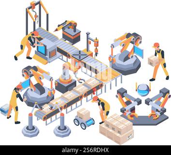 Förderband. Maschinenverpackungen bewegliche Rad Industrie Linie Vektor Fabrik isometrisch. Abbildung: Förderband, Produktionsausrüstung der Maschine. Förderband. Maschinenverpackungen bewegliche Rad Industrie Linie Vektor Fabrik isometrisch Stock Vektor