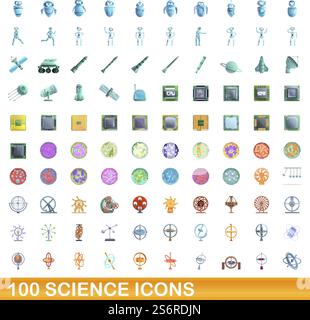 100 Wissenschaftssymbole. Zeichentrickillustration von 100 Wissenschaftssymbolen Vektor-Set isoliert auf weißem Hintergrund. 100 Wissenschaftssymbole im Cartoon-Stil Stock Vektor