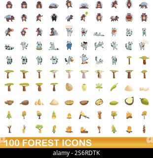 100 Symbole für die Gesamtstruktur eingestellt. Cartoon-Illustration von 100 Wald-Icons Vektor-Set isoliert auf weißem Hintergrund. 100 Waldsymbole im Zeichentrickstil Stock Vektor