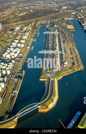 Luftbild, Hafen Duisburg duisport, Hafengebiet mit Ölinsel und Kohleninsel Containerterminal, Ruhrort, Duisburg, Ruhrgebiet, Nordrhein-Westfalen, Deu Stockfoto