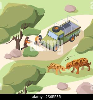 Afrikanische Touristen auf der Straße. Wild Safari Wüstenabenteuer Konzept Vektor Flyer oder Hintergrund grell Vorlage. Reise zoologischer Entdecker, Savannentourismus Safari Illustration. Afrikanische Touristen auf der Straße. Wild Safari Wüstenabenteuer Konzept Vektor Flyer oder Hintergrund grell Vorlage Stock Vektor