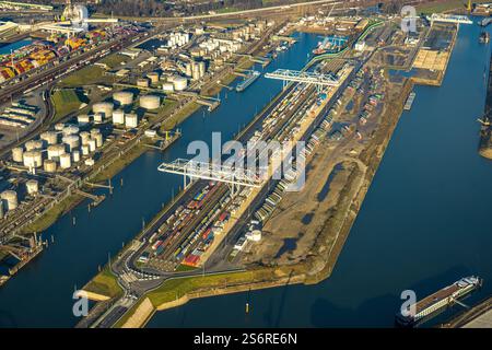 Luftbild, Hafen Duisburg duisport, Hafengebiet mit Ölinsel und Kohleninsel Containerterminal, Ruhrort, Duisburg, Ruhrgebiet, Nordrhein-Westfalen, Deu Stockfoto