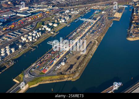 Luftbild, Hafen Duisburg duisport, Hafengebiet mit Ölinsel und Kohleninsel Containerterminal, Ruhrort, Duisburg, Ruhrgebiet, Nordrhein-Westfalen, Deu Stockfoto