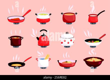 Kochen von Speisen. Kochen in der Küchenpfanne auf Gasherd Kochgeschirr verarbeitet Ei und Suppe Vorbereitung heute Vektor flache Bilder Set isoliert. Topf und Topf, Kochen von Speisen in der Pfanne Illustration. Kochen von Speisen. Kochen in der Küchenpfanne auf Gasherd Kochgeschirr verarbeitet Ei und Suppe Vorbereitung heute Vektor flache Bilder Set isoliert Stock Vektor