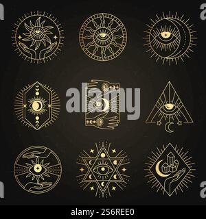 Okkulte Embleme. Meditation Alchemie mystischer Esoterismus magische Symbole neue Vektor geometrische Linienformen für Geschäftslogotypen Sammlungen. Illustration okkultes Zeichen, geometrisches Religionssymbol. Okkulte Embleme. Meditation Alchemie mystischer Esoterismus magische Symbole neue Vektor geometrische Linienformen für Geschäftslogotypen Sammlungen Stock Vektor