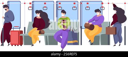 Öffentliche Verkehrsmittel im Innenraum. Leute maskierte Entfernung sitzend in der U-Bahn oder Bus modern im Zug müde Personen grellen Vektor Hintergrund flache Illustration. U-Bahn-Öffentlichkeit in Quarantäne, Passagier in Maske. Öffentliche Verkehrsmittel im Innenraum. Menschen maskierte Entfernung sitzend in der U-Bahn oder Bus modern im Zug müde Personen grellen Vektor Hintergrund flache Illustrationen Stock Vektor