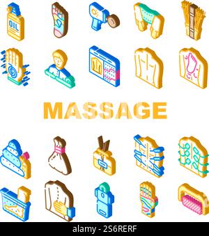 Massagezubehör Und Behandlungssymbole Set Vektor. Shiatsu Massage Physiotherapie Und Akupunktur, Wasser Und Stein Für Massage, Masseur Business Und Beruf Isometrische Zeichen Farbe Illustrationen. Massagezubehör Und Behandlungssymbole Set Vektor Stock Vektor