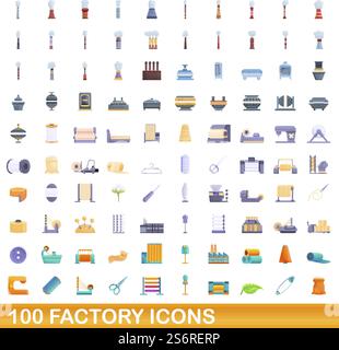 100 Werkssymbole eingestellt. Zeichentrickillustration von 100 Fabriksymbolen Vektor-Satz isoliert auf weißem Hintergrund. 100 Fabriksymbole im Zeichentrickstil Stock Vektor
