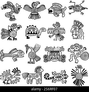 Altes Tribal-Logo. Mexikanische azteken Ikonen Tiere Dekoration maya Muster neue Vektor-Sammlung. Logo der alten maya-Geschichte, Illustration der Kultur der einheimischen Tiere. Altes Tribal-Logo. Mexikanische azteken Ikonen Tiere Dekoration maya Muster neue Vektor-Sammlung Stock Vektor