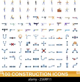 100 Bausymbole gesetzt. Zeichentrickillustration von 100 Bausymbolen Vektor-Set isoliert auf weißem Hintergrund. 100 Bausymbole im Cartoon-Stil Stock Vektor