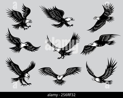 Fliegende Adler. Silhouetten von Vögeln wilde Falken Freiheit Tiere für Motorrad-Embleme aktuelle Vektor-Illustrationen. Eagle Tattoo Wildtiere, fliegen und jagen, fliegende Wildvögel. Fliegende Adler. Silhouetten von Vögeln wilde Falken Freiheit Tiere für Motorrad-Embleme aktuelle Vektor-Illustrationen Stock Vektor