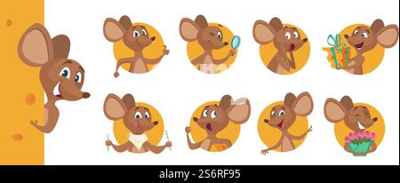 Niedliche Maus-Avatare. Guckendes Tier, glücklicher hungriger trauriger emotionaler Cartoon-Rattenvektor-Charakter. Maus Tier, Charakter Nagetier Avatare Illustration. Niedliche Maus-Avatare. Guckendes Tier, glücklicher hungriger trauriger emotionaler Cartoon-Rattenvektor-Charakter Stock Vektor