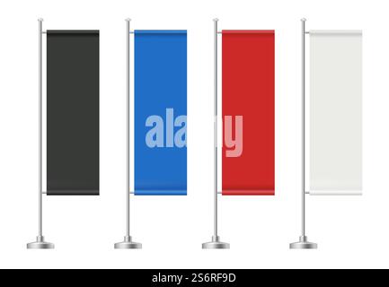Realistisches Flaggenbanner. Werbung farbig rot blau und schwarz Textil Marketing Banner anständige Vektorvorlagen. Buntes trendiges Marketing, Fahnenmast für geschäftliche Illustration. Realistisches Flaggenbanner. Werbung farbig rot blau und schwarz Textil Marketing Banner anständige Vektorvorlagen Stock Vektor