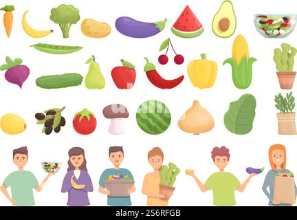 Vegetarismus Icons setzen Cartoon Vektor. Veganes Obst. Biologische Ernährung. Vegetarismus Icons setzen Cartoon Vektor. Veganes Obst Stock Vektor