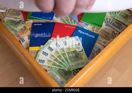 Euro-Rechnungen, Sparbücher, die unter der Matratze liegen, symbolisches Image, Geldversteck, Sparen, Altersvorsorge, Stockfoto
