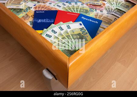 Euro-Rechnungen, Sparbücher, die unter der Matratze liegen, symbolisches Image, Geldversteck, Sparen, Altersvorsorge, Stockfoto