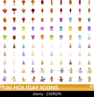100 Weihnachtssymbole gesetzt. Zeichentrickillustration von 100 Feiertagsymbolen Vektor auf weißem Hintergrund lokalisiert. 100 Weihnachtssymbole im Zeichentrickstil Stock Vektor