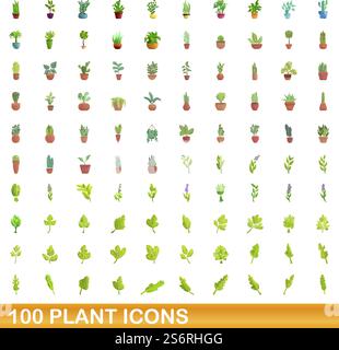 100 Pflanzensymbole gesetzt. Cartoon-Illustration von 100 Pflanzen-Icons Vektor-Set isoliert auf weißem Hintergrund. 100 Pflanzensymbole im Zeichentrickstil Stock Vektor