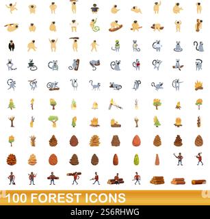 100 Symbole für die Gesamtstruktur eingestellt. Cartoon-Illustration von 100 Wald-Icons Vektor-Set isoliert auf weißem Hintergrund. 100 Waldsymbole im Zeichentrickstil Stock Vektor