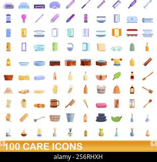 100 Einstellungen für Care-Symbole. Cartoon-Illustration von 100 Care-Icons Vektor-Set isoliert auf weißem Hintergrund. 100 Pflegesymbole im Cartoon-Stil Stock Vektor